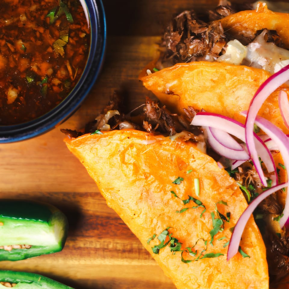 Close-up of Amanecer Cocina y Cafe's birria tacos with red onions, cilantro, and a side of consommé.